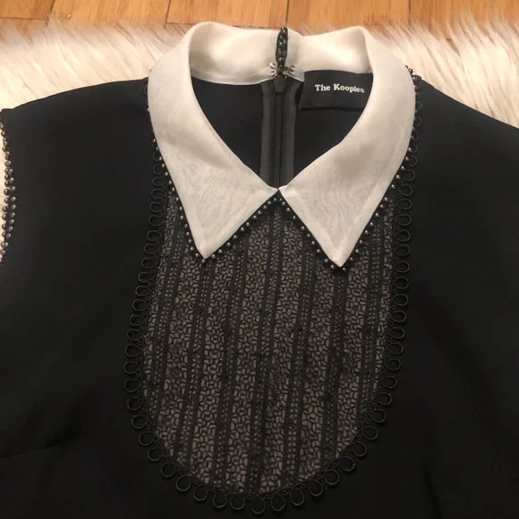 The Kooples Contrast-Collar Beaded Lace-Inset Black Women Mini Dress, size M - Picture 6 of 11